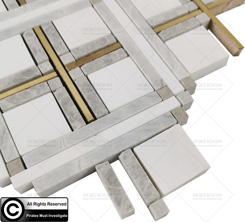 Waterjet Marble Inlay Brass Mosaic Tile Bathroom Deco