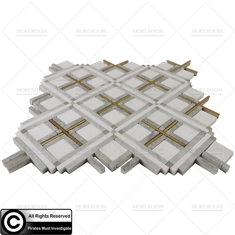 Waterjet Marble Inlay Brass Mosaic Tile Bathroom Deco