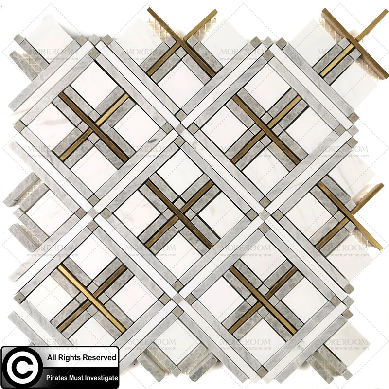 Waterjet Marble Inlay Brass Mosaic Tile Bathroom Deco