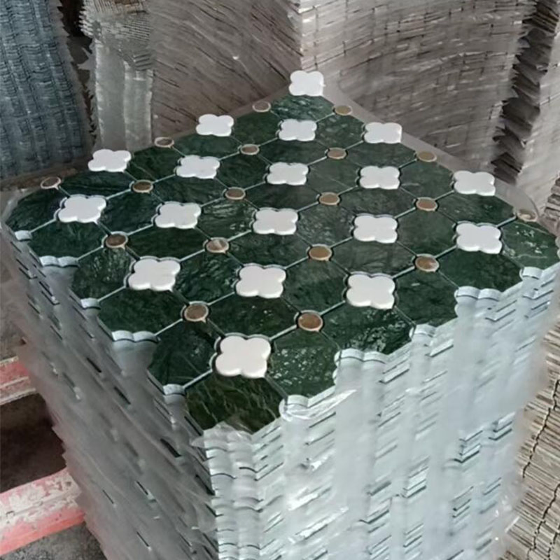 Waterjet Marble Flower Indian Green Mix White Brass Matel Dots Inlay Mosaic