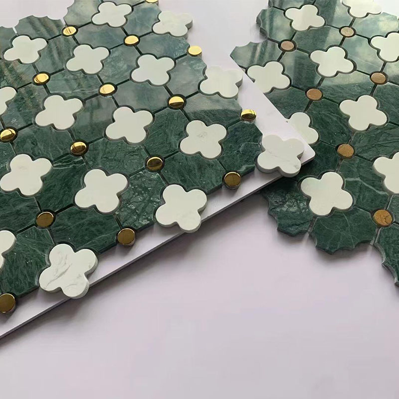 Waterjet Marble Flower Indian Green Mix White Brass Matel Dots Inlay Mosaic