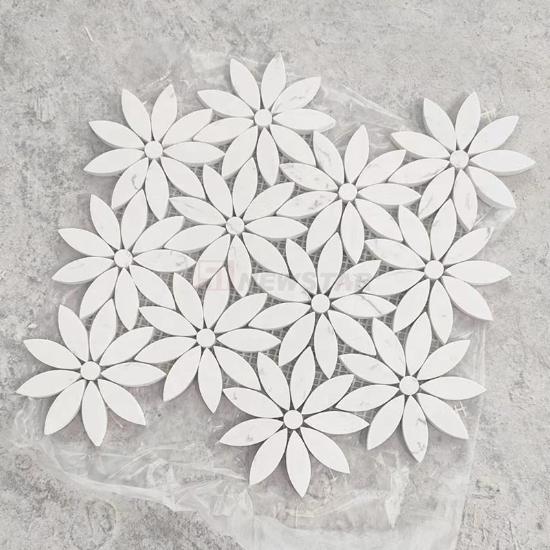 Newstar Light Luxury Backsplash Wall Decoration Carrara White Daisy Flower Pattern Waterjet Marble Stone Mosaic Tiles