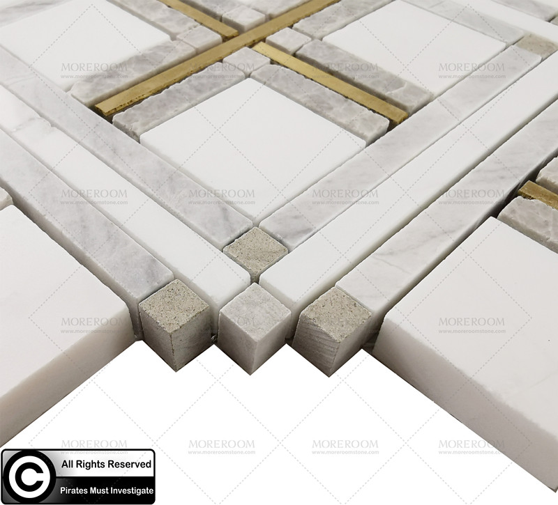 Waterjet Marble Inlay Brass Mosaic Tile Bathroom Deco