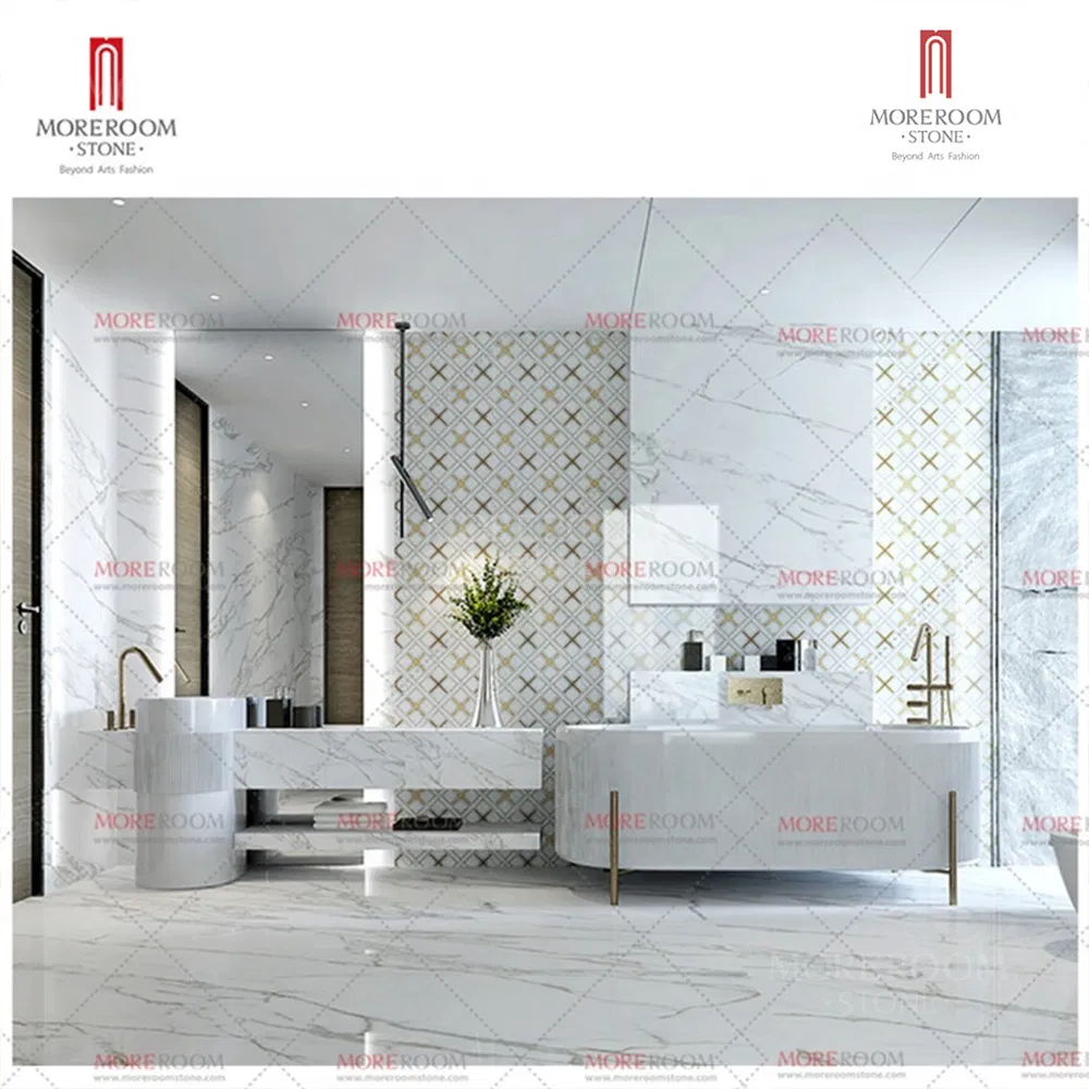 Waterjet Marble Inlay Brass Mosaic Tile Bathroom Deco