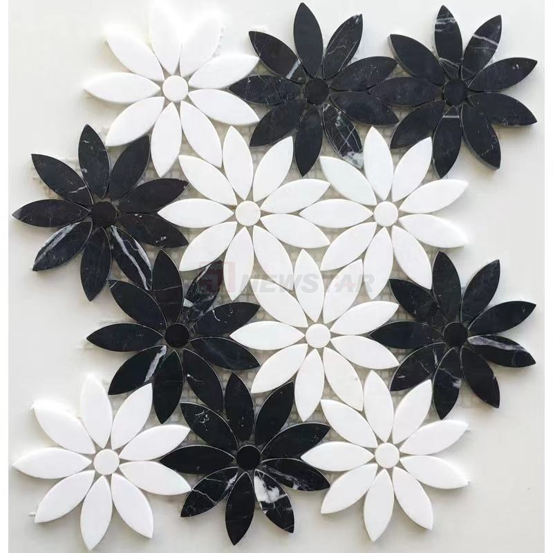 Newstar Light Luxury Backsplash Wall Decoration Carrara White Daisy Flower Pattern Waterjet Marble Stone Mosaic Tiles