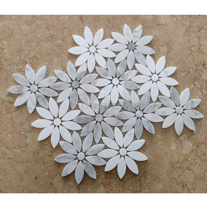 Newstar Light Luxury Backsplash Wall Decoration Carrara White Daisy Flower Pattern Waterjet Marble Stone Mosaic Tiles