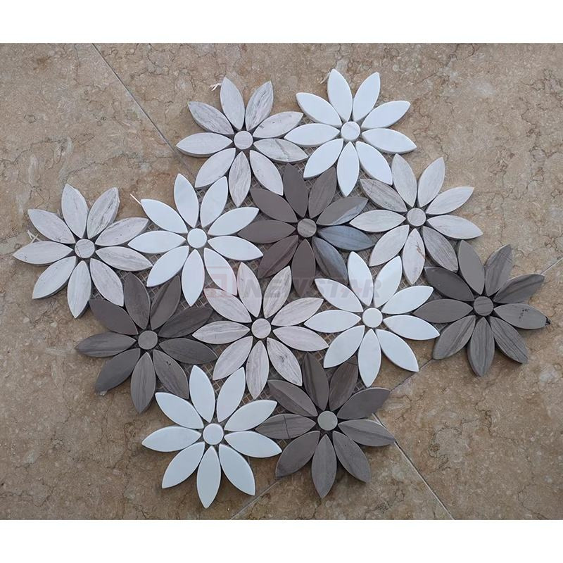Newstar Light Luxury Backsplash Wall Decoration Carrara White Daisy Flower Pattern Waterjet Marble Stone Mosaic Tiles