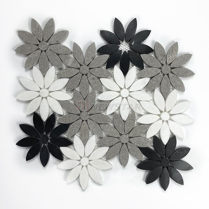 Newstar Light Luxury Backsplash Wall Decoration Carrara White Daisy Flower Pattern Waterjet Marble Stone Mosaic Tiles