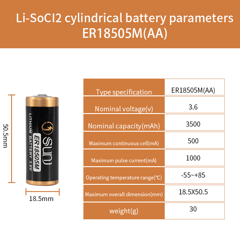 3.6V 3500mAh Er18505m High Pulse Lisocl2 Lithium Primary Cell Battery
