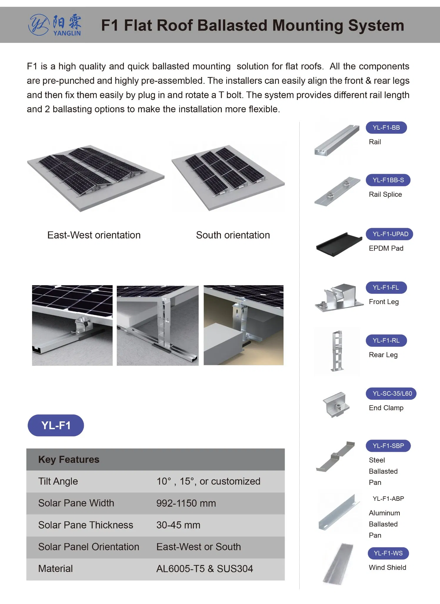 Flexibility Aluminium Ballasted Racking Sun Tracking Solar Panel Mount Solar Roof Mounting System