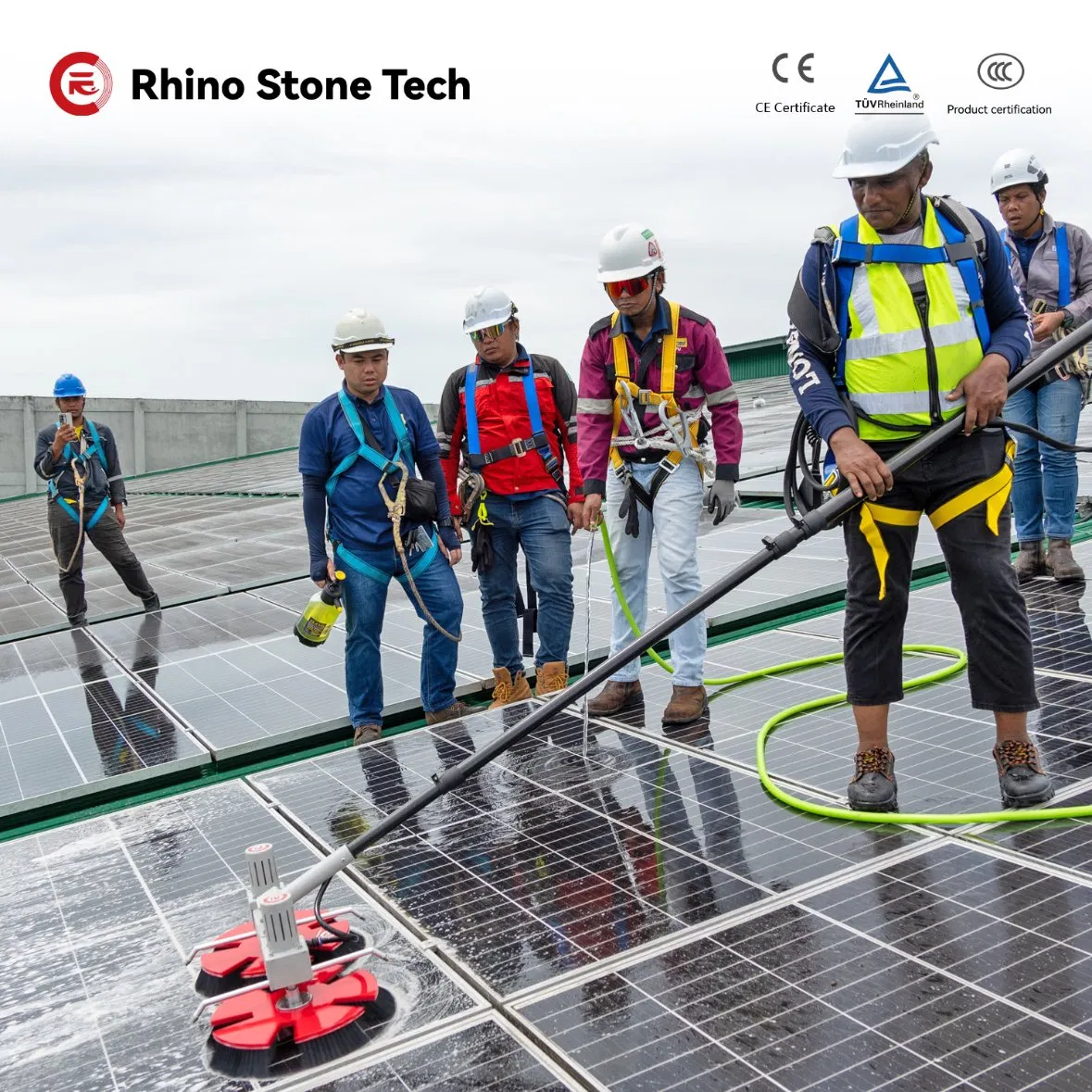 3.6m 5.4m 7.5m Telescopic Rod Twin Headed Disc Rotating 300W Solar Panel Cleaning Brush for Rooftop Solar Farm Power Plant Clean Machine Deep Washing Device