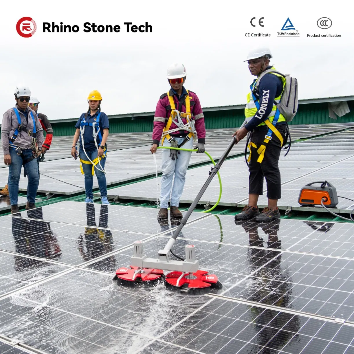 Brushless Motor 300W Double Head PV Panels Washing Machine Rotating Solar Panel Cleaning Brush with 3.6m 5.4m 7.5m Length Water-Saving Dry Wet Cleaning