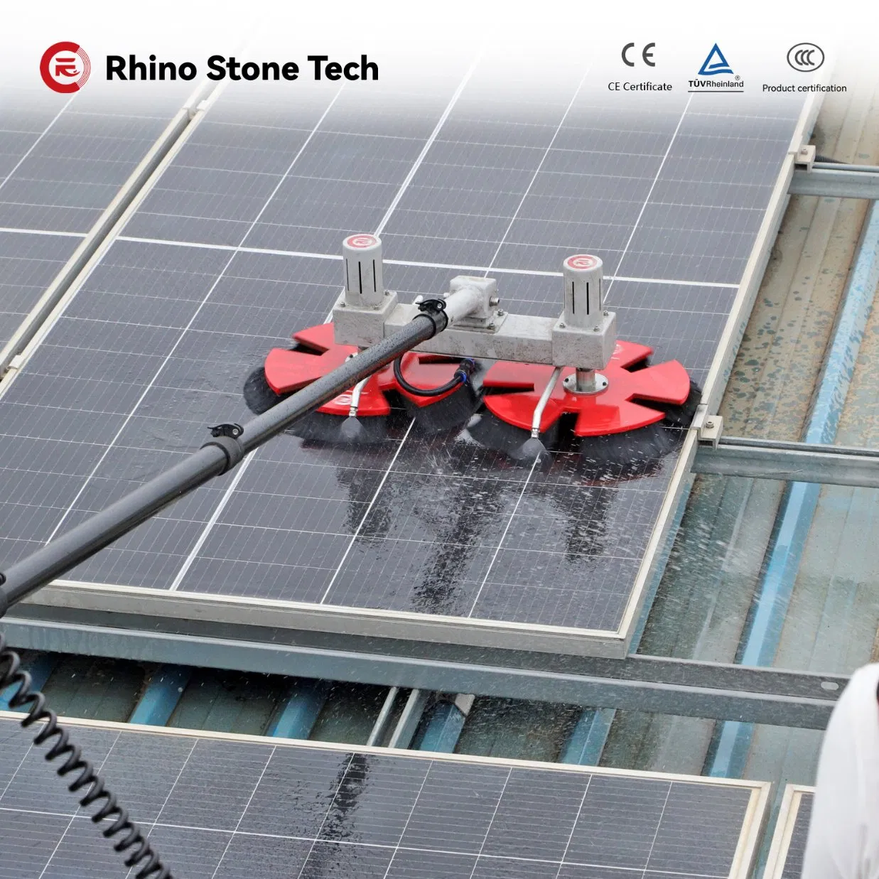 Brushless Motor 300W Double Head PV Panels Washing Machine Rotating Solar Panel Cleaning Brush with 3.6m 5.4m 7.5m Length Water-Saving Dry Wet Cleaning