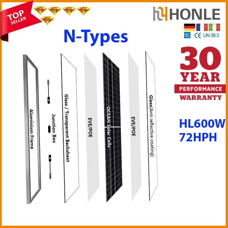 Honle Solar 2026 Topcon PV Module Solar Panel Solar Photovoltaic Panels 700W 600W 425W 400W 500W 450W 550W Bifacial All Black Solar Panels