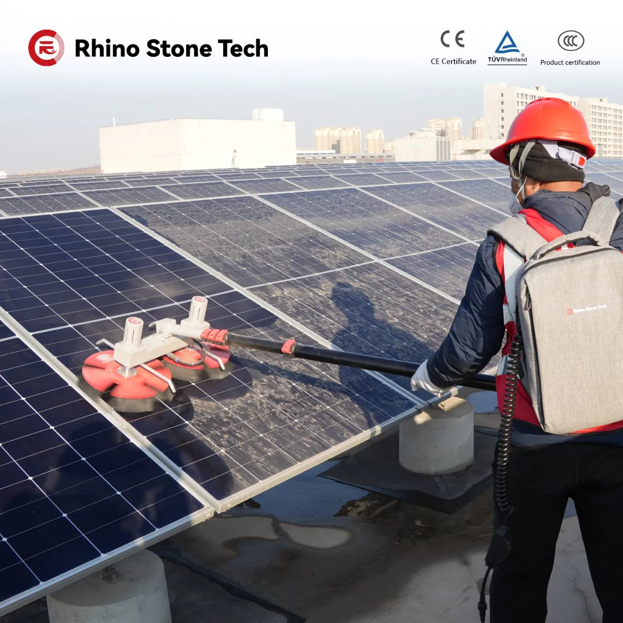 3.6m 5.4m 7.5m Telescopic Rod Twin Headed Disc Rotating 300W Solar Panel Cleaning Brush for Rooftop Solar Farm Power Plant Clean Machine Deep Washing Device