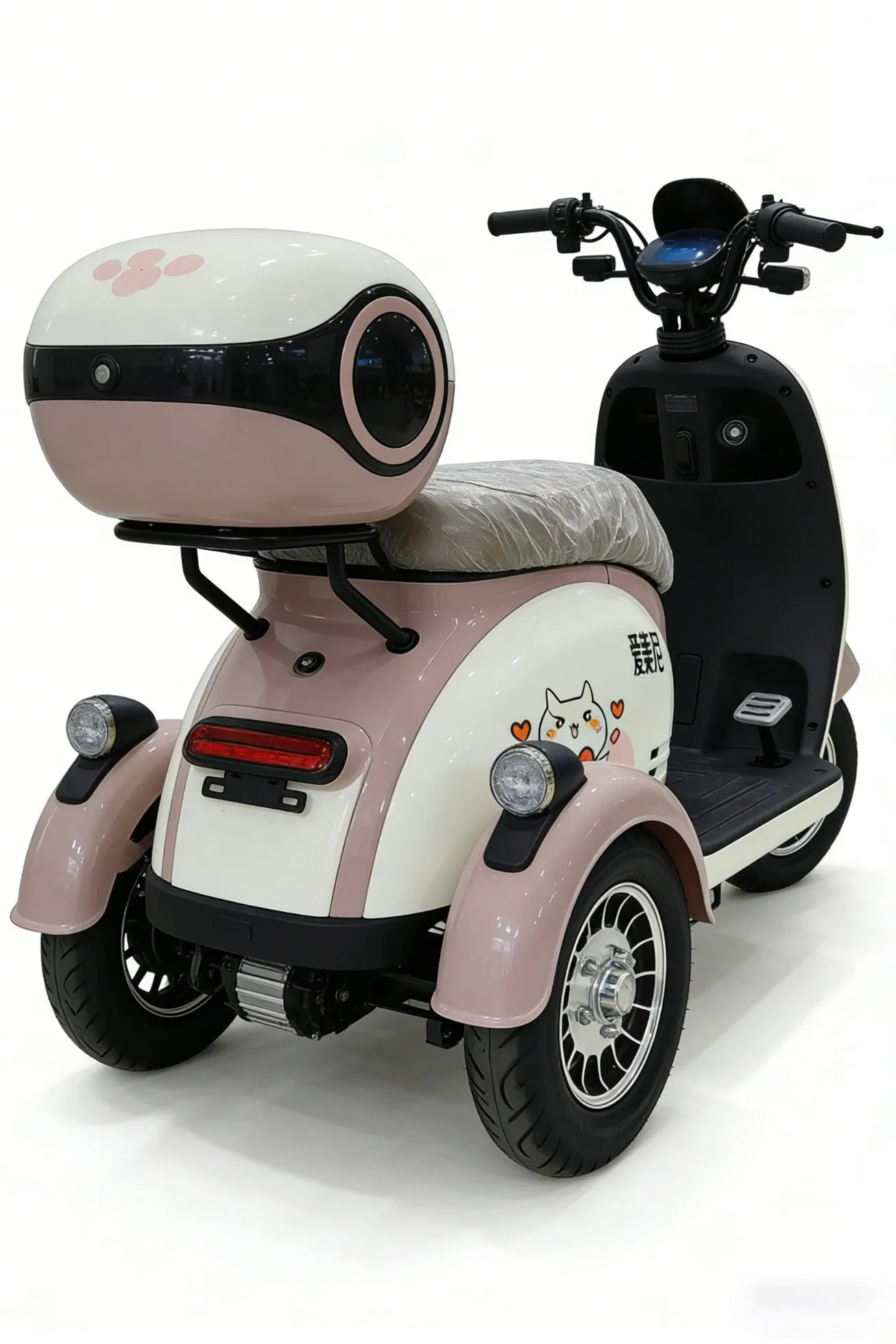 Multifunctional electric tricycle with high-elasticity seat cushion, rear storage compartment and suitable for short-distance transportation.