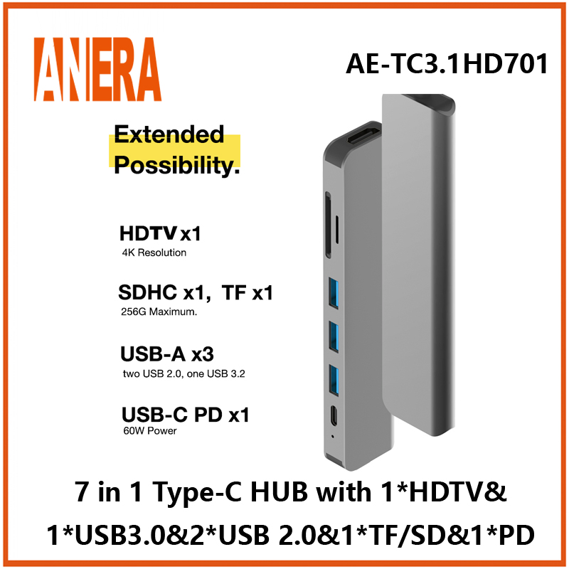 Anera High Performance 7 in 1 Multifunction USB C Portable Type C Hub Adapter Hub Converter with 3.0/2.0 USB Hub SD/TF 2.0 Card Reader Pd Charging and HDMI