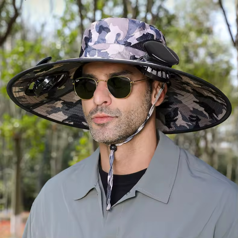 Outdoor Hiking Camping Fishing UV Protection Bucket Hat Sun Hat with Solar Powered Cooling Fan