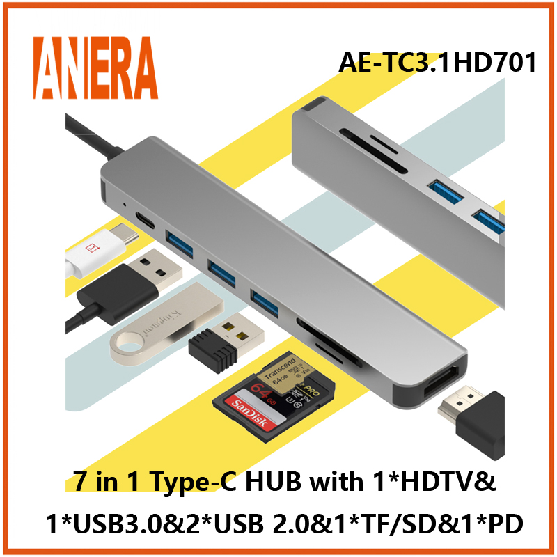 Anera High Performance 7 in 1 Multifunction USB C Portable Type C Hub Adapter Hub Converter with 3.0/2.0 USB Hub SD/TF 2.0 Card Reader Pd Charging and HDMI