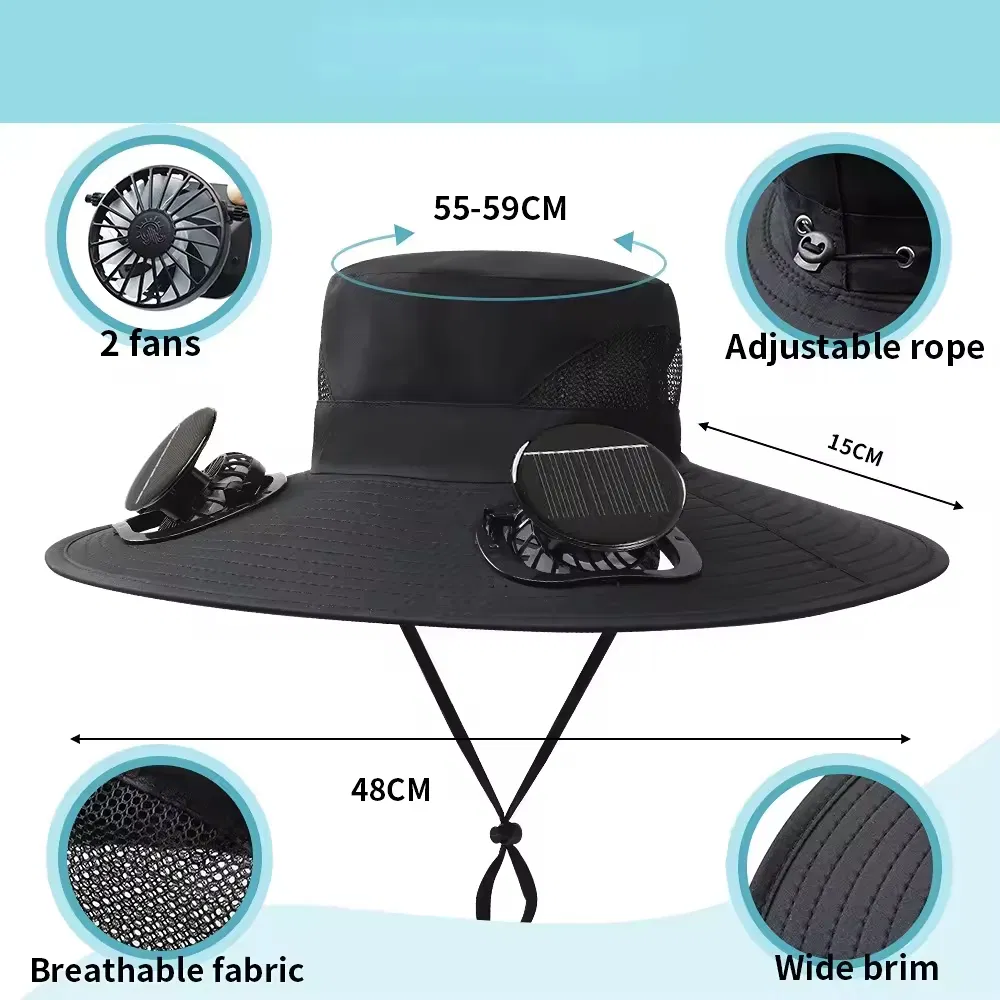 Outdoor Hiking Camping Fishing UV Protection Bucket Hat Sun Hat with Solar Powered Cooling Fan