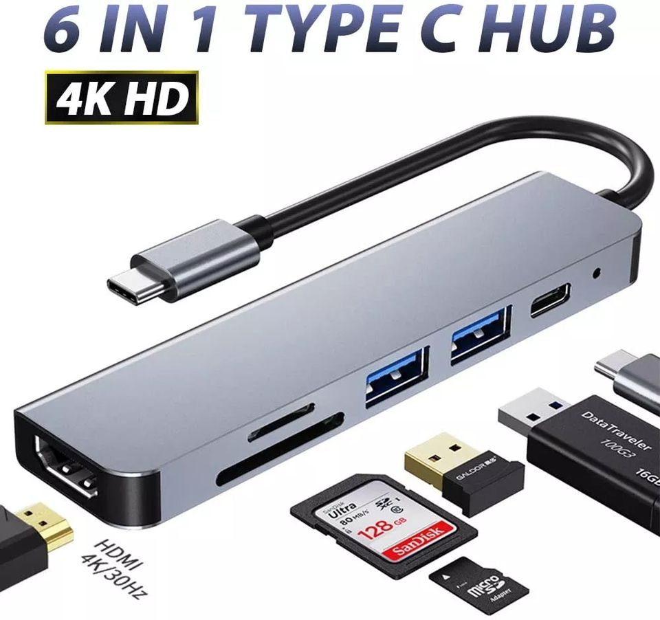 New USB C 4K Combo Multi 6 in 1 USB 3.0 Port Charging Type C Hub Box Status Mobile Devices Desk Computer