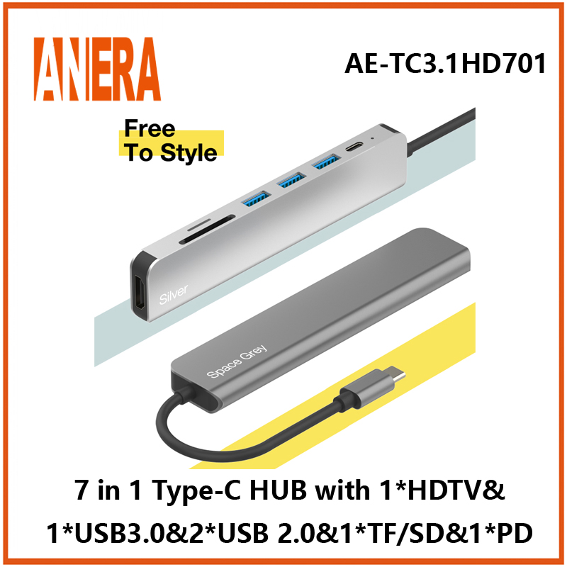 Anera High Performance 7 in 1 Multifunction USB C Portable Type C Hub Adapter Hub Converter with 3.0/2.0 USB Hub SD/TF 2.0 Card Reader Pd Charging and HDMI