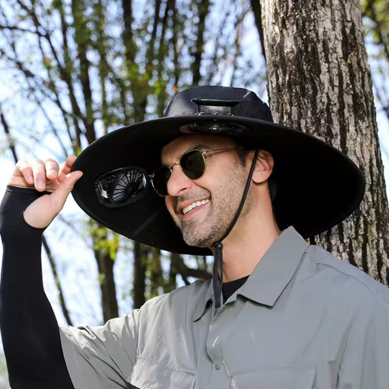 Outdoor Hiking Camping Fishing UV Protection Bucket Hat Sun Hat with Solar Powered Cooling Fan