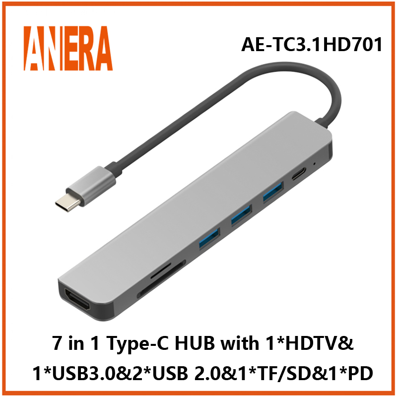 Anera High Performance 7 in 1 Multifunction USB C Portable Type C Hub Adapter Hub Converter with 3.0/2.0 USB Hub SD/TF 2.0 Card Reader Pd Charging and HDMI