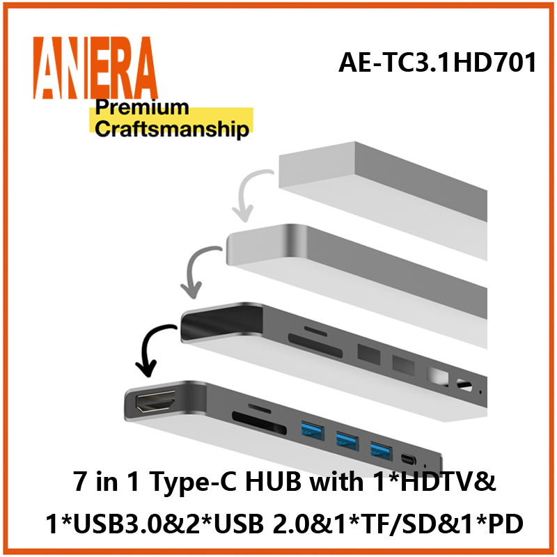 Anera High Performance 7 in 1 Multifunction USB C Portable Type C Hub Adapter Hub Converter with 3.0/2.0 USB Hub SD/TF 2.0 Card Reader Pd Charging and HDMI