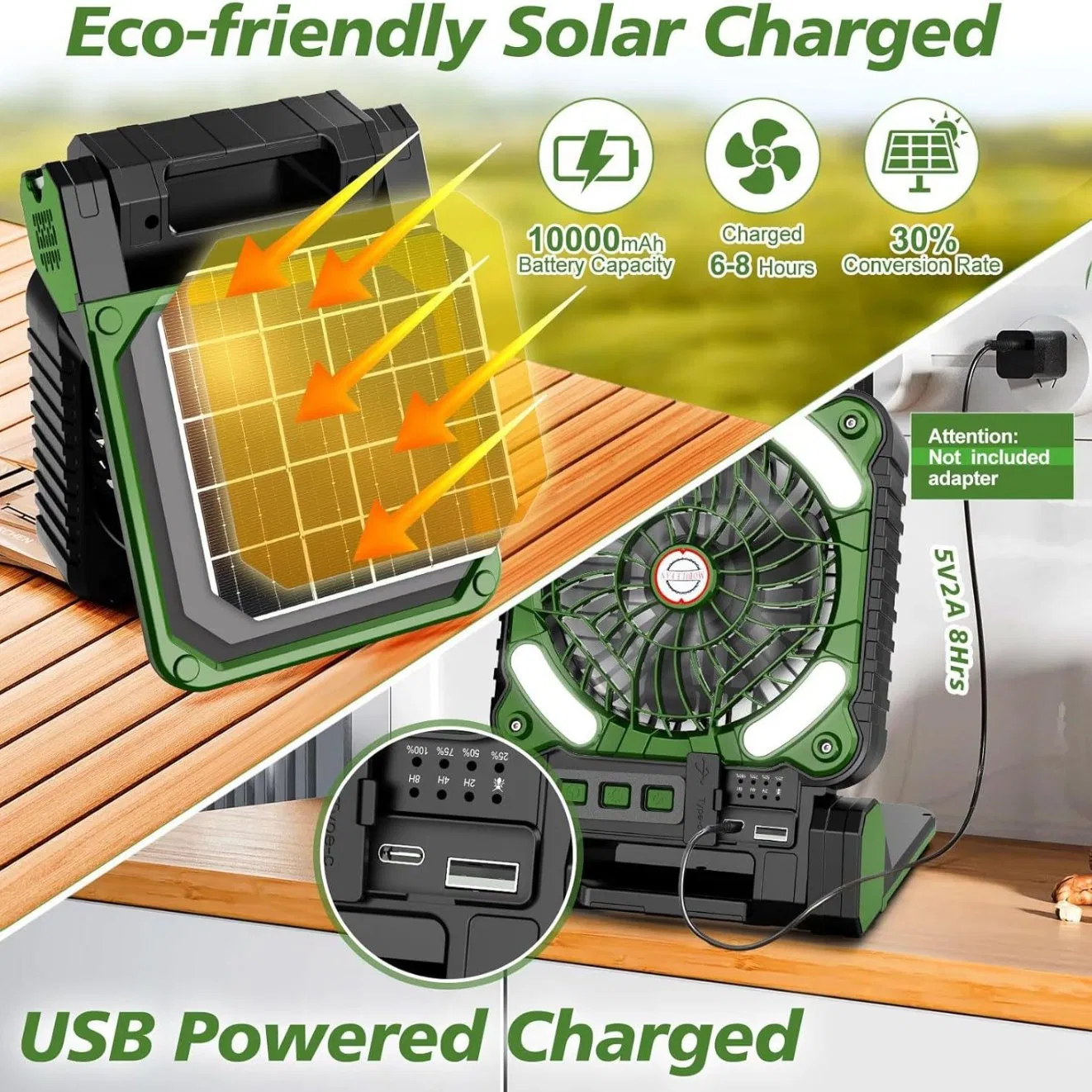 New Solar Powered Fan, USB Rechargeable Camping Fan Light, Outdoor Convenient Multifunctional Desktop Fan