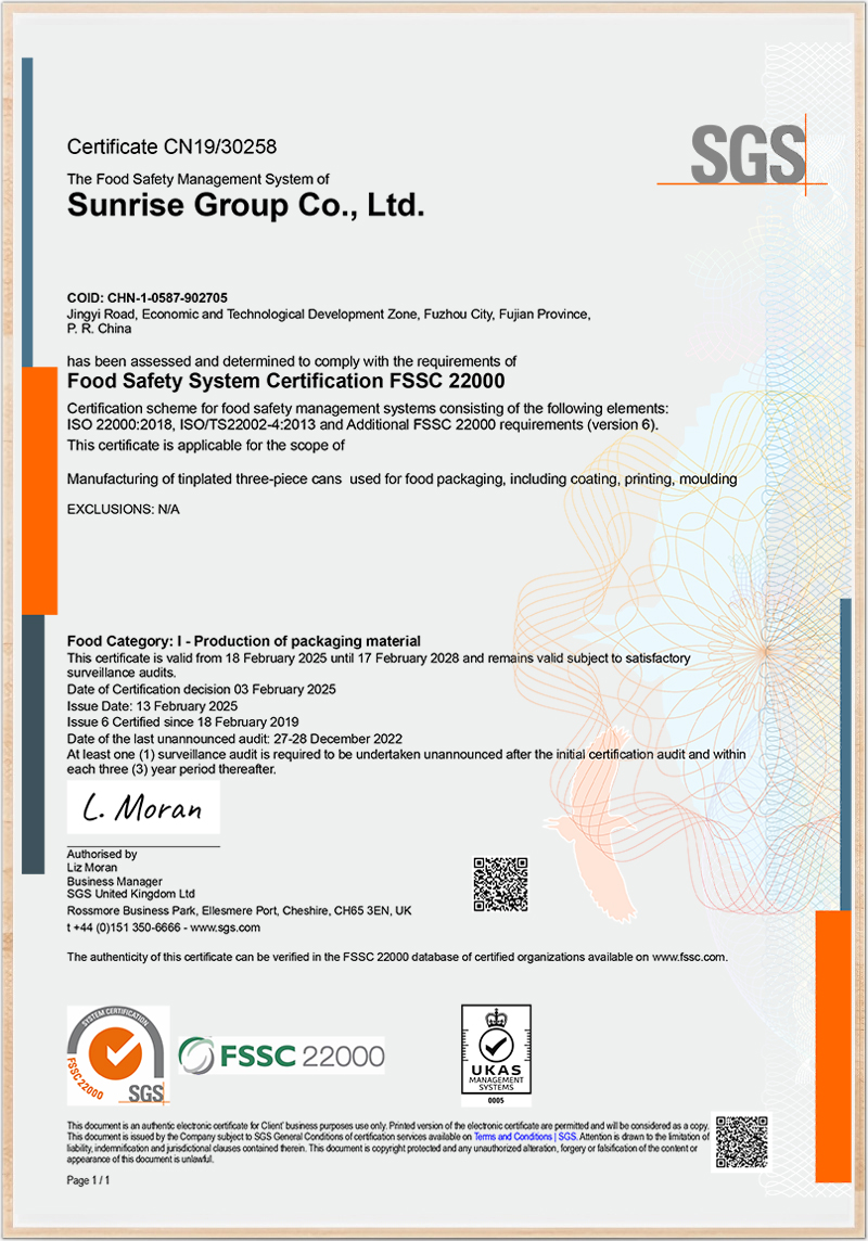 Sunrise Group ISO 22000 Food Safety Management System certificate