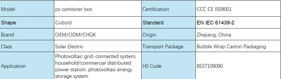 PV Combiner Box Parameter