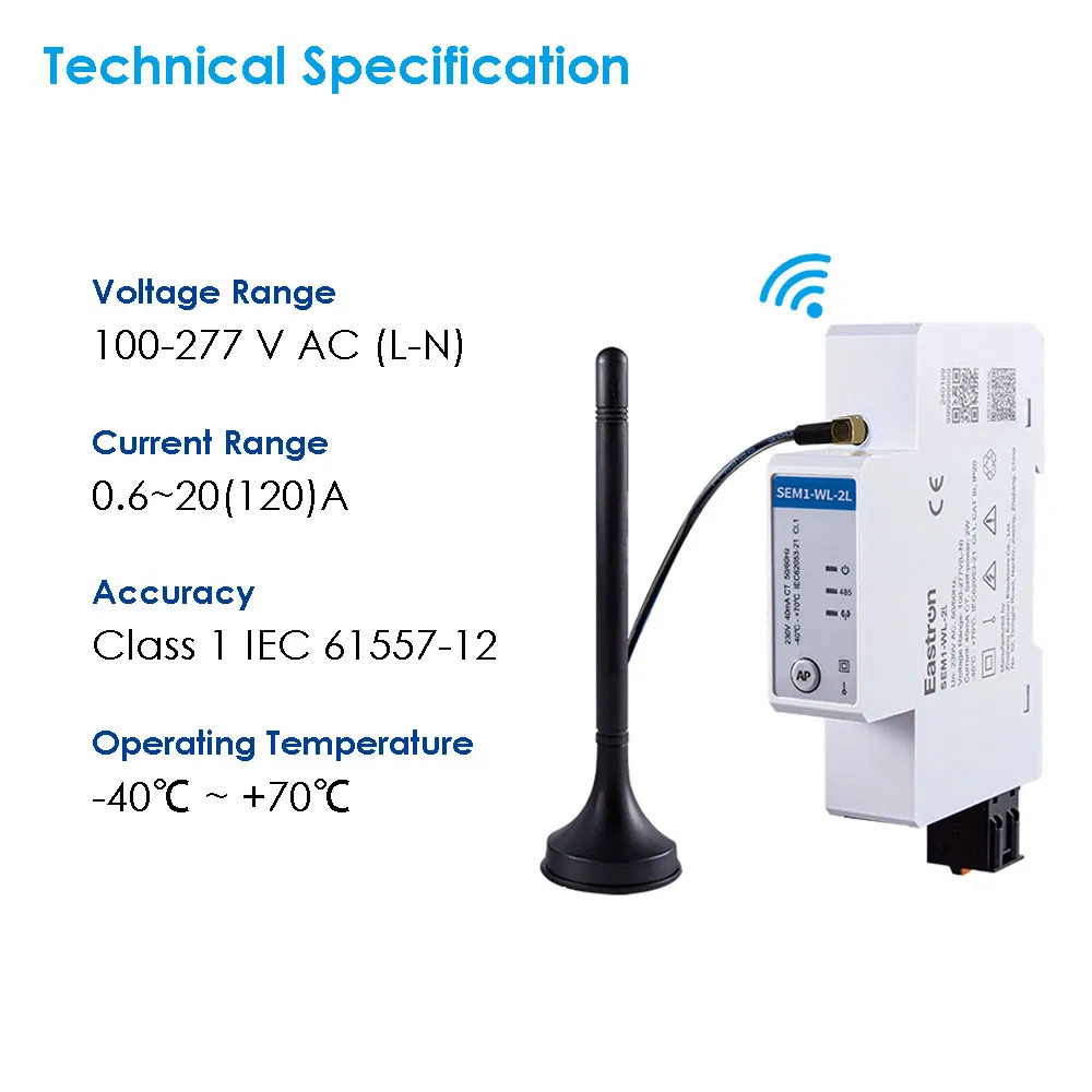 Eastron Sem1-Wl-2L Rj12 Connection Wireless CT Meter 1p2w DIN Rail Two Channels Smart Energy Meter for Solar PV Energy Measuring