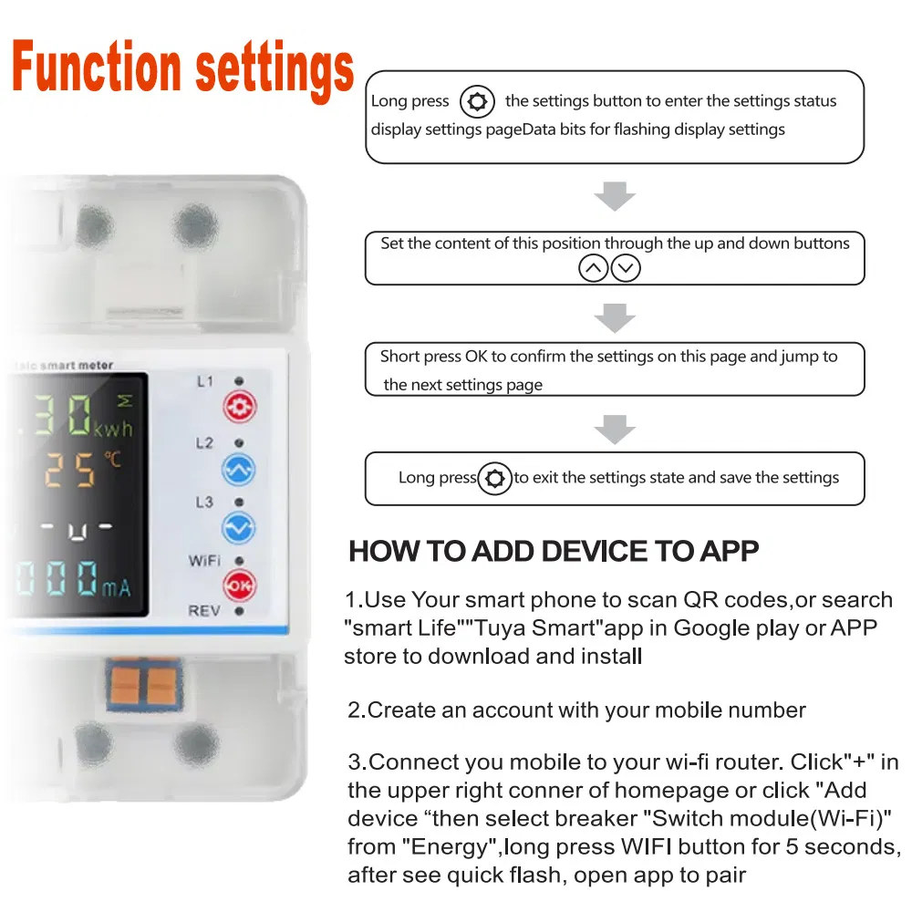 Tuya 3 Phase 380V 100A WiFi Smart Bi-Directional Energy Power Kwh Meter LCD Display Voltage Protector Relay Remote Control