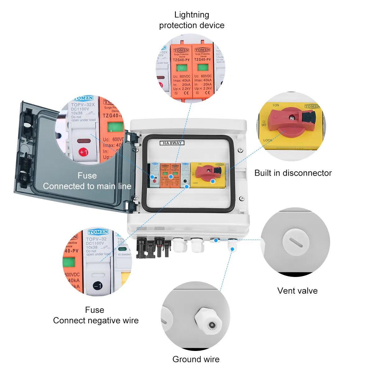 Solar Photovoltaic PV Combiner Box with Lightning Protection 1 Input 1 out