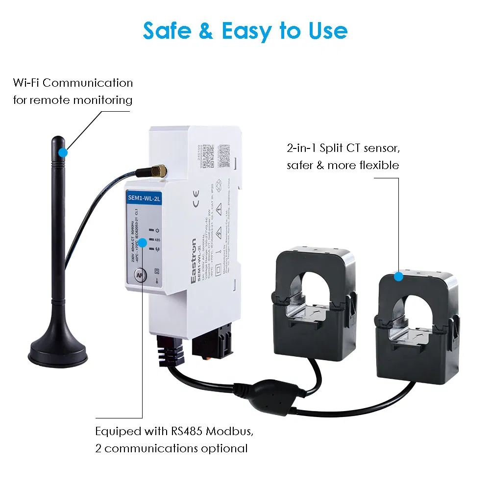 Eastron Sem1-Wl-2L Rj12 Connection Wireless CT Meter 1p2w DIN Rail Two Channels Smart Energy Meter for Solar PV Energy Measuring