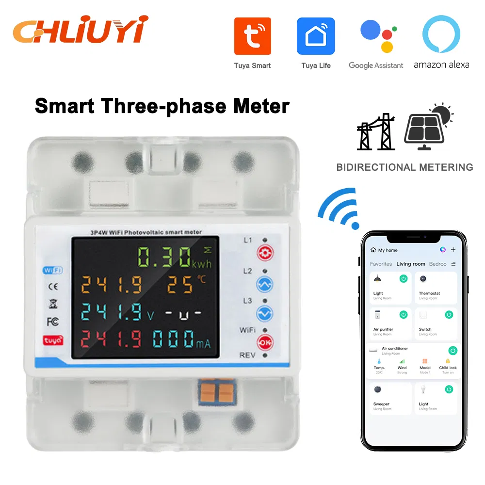 Tuya 3 Phase 380V 100A WiFi Smart Bi-Directional Energy Power Kwh Meter LCD Display Voltage Protector Relay Remote Control