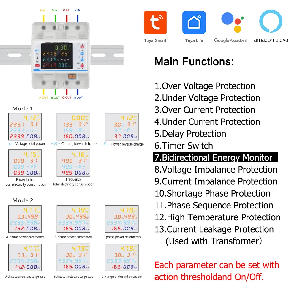 Tuya 3 Phase 380V 100A WiFi Smart Bi-Directional Energy Power Kwh Meter LCD Display Voltage Protector Relay Remote Control