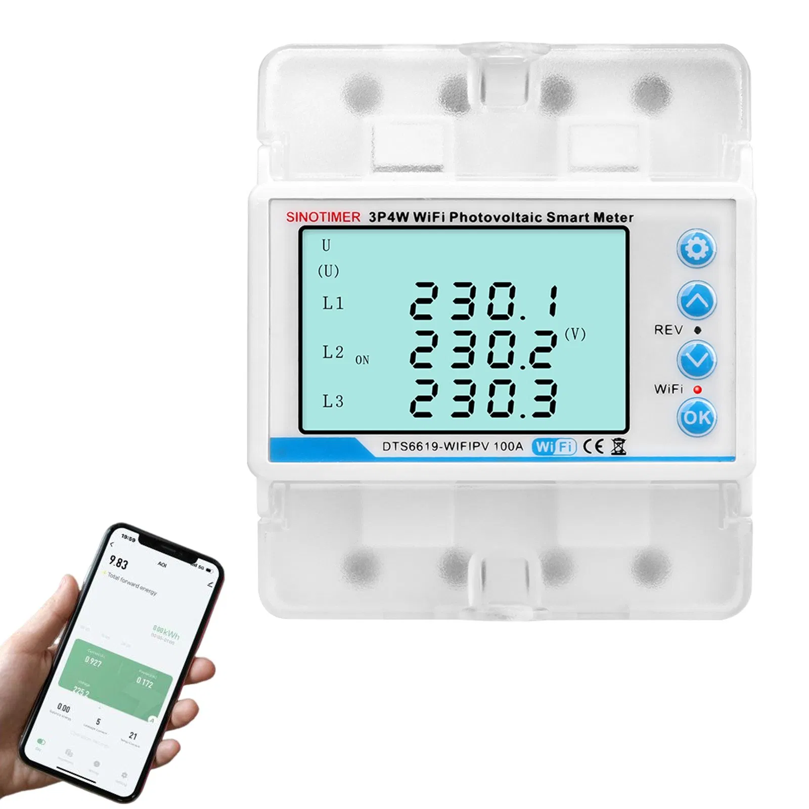 Dts6619-WiFi PV 3 Phase WiFi Smart Meter, 1-100A Adjustable, Real-Time Display for Current Voltage Power Energy PV Bidirectional Meter