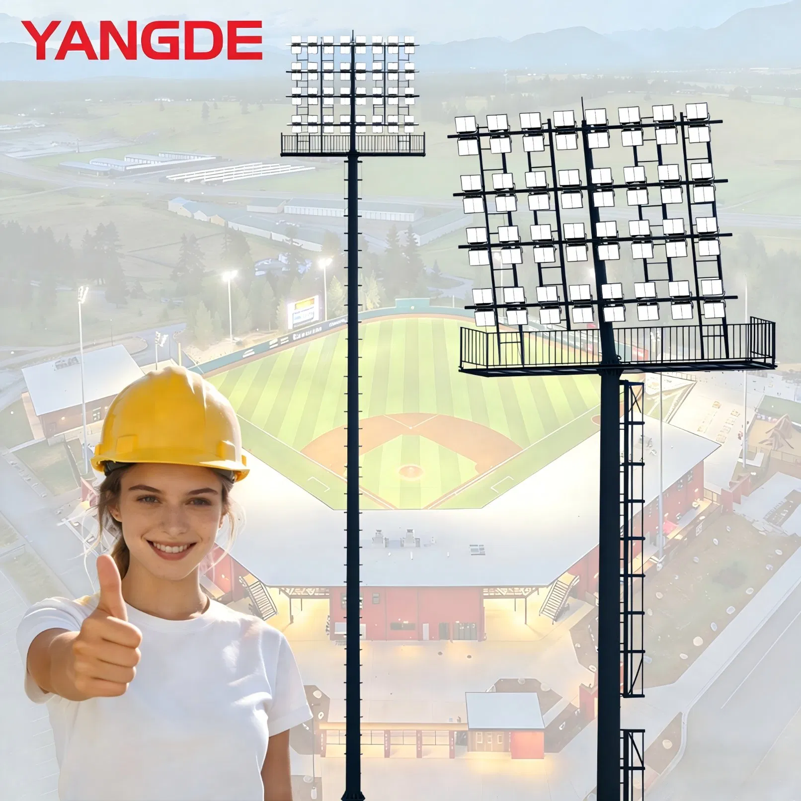 40m 12-Head 1000W LED High Mast Light with Platform &amp; Ladder for Stadium