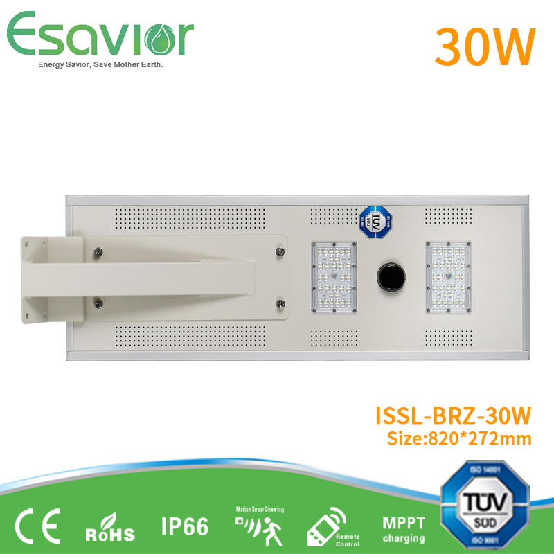 3 Years Warranty Esavior 30W 181lpw All in One Integrated LED Solar Powered Street/Garden Light for 5~6m Poles CE/RoHS/IP67/Ik10