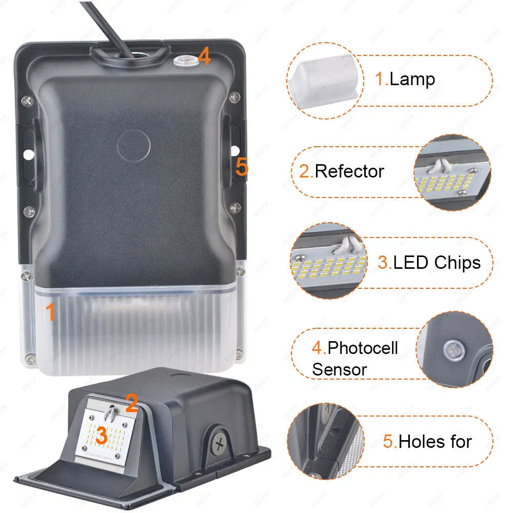 Building Exterior Wall Light Waterproof LED 20W 30W Outdoor Garden &amp; Street Dimmable Aluminum Wall Pack with 5-Year Warranty