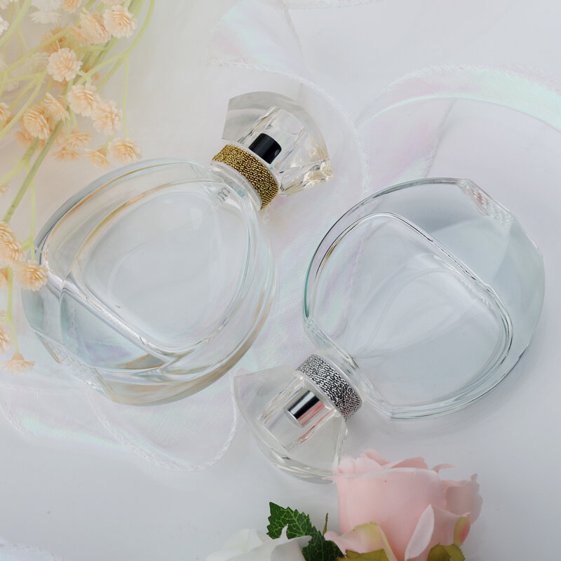 Luxury High Quality Flat Round Fragrance 30ml 50ml Clear Thick Base Perfume Glass Bottle with Lids