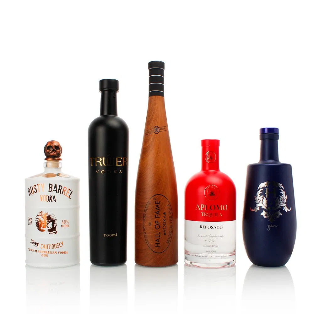 Wholesale Custom Designed Unique Luxury Set Lid Tequila Whiskey Whisky Brandy Vodka Gin Bottle 750ml Glass Spirit Liquor Bottles