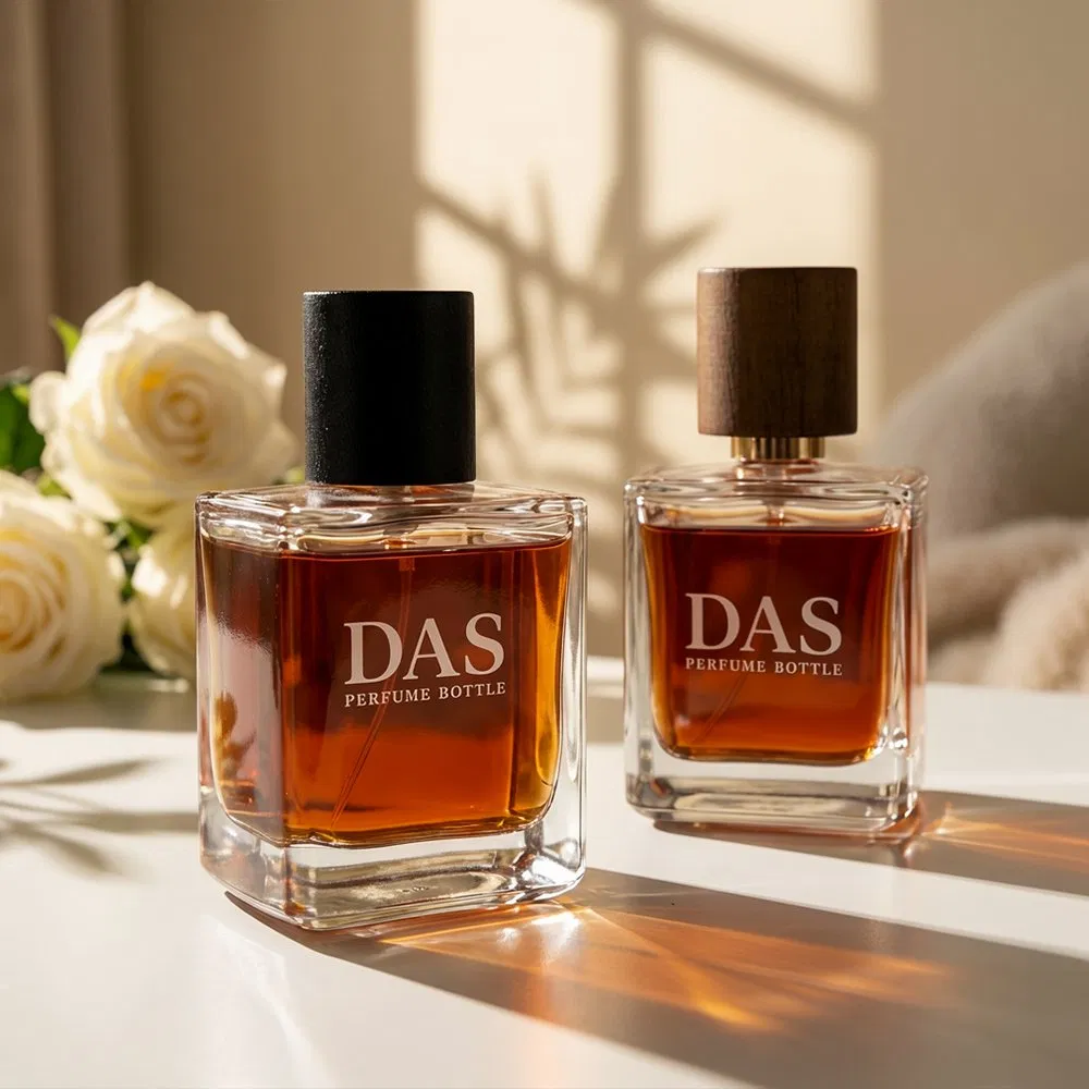 Manufacturer Supply 50ml 100ml Custom Clear Square Glass Perfume Bottle with Natural Brown Wood Lid for Artisanal Cologne