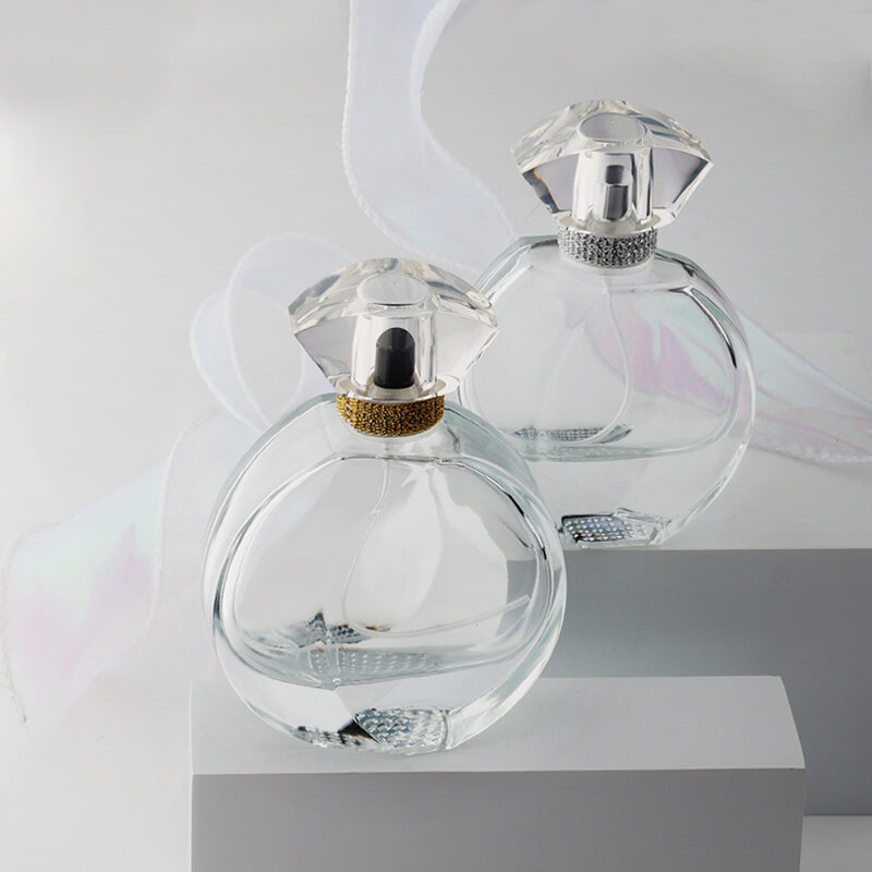 Luxury High Quality Flat Round Fragrance 30ml 50ml Clear Thick Base Perfume Glass Bottle with Lids