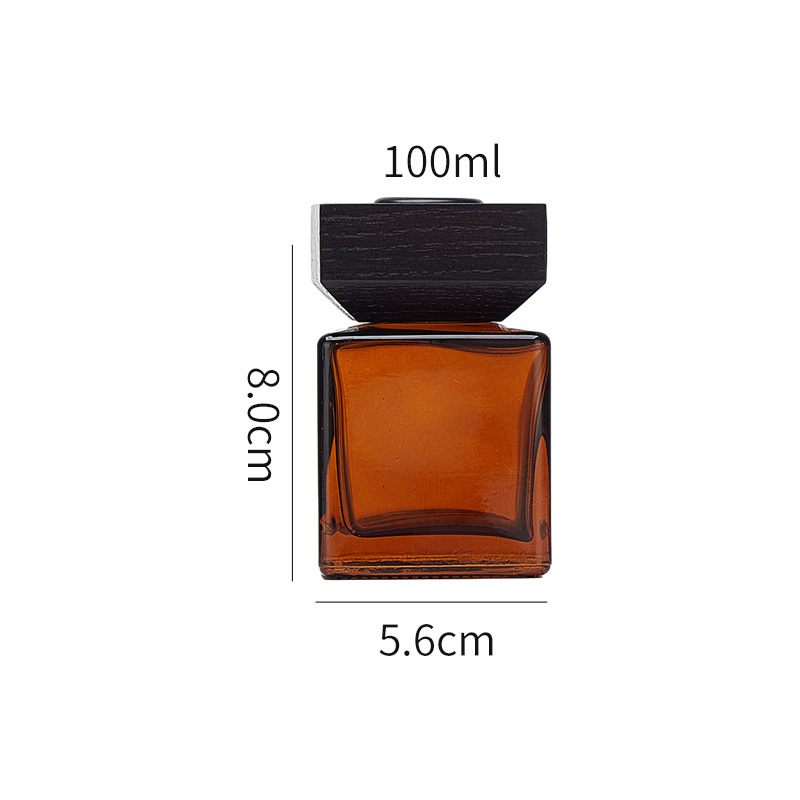 Square Aromatherapy Diffuser Glass Bottle 50ml 100ml 150ml 200ml Perfume Bottle Black Wooden Lid Aroma Reed Diffuser Glass Bottles Rattan Stick Glass Bottle