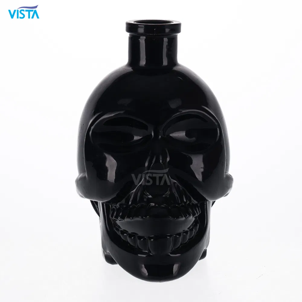 350ml High Flint Skull Shape Glass Bottle for Liquor with Cork Finish and Black Spray