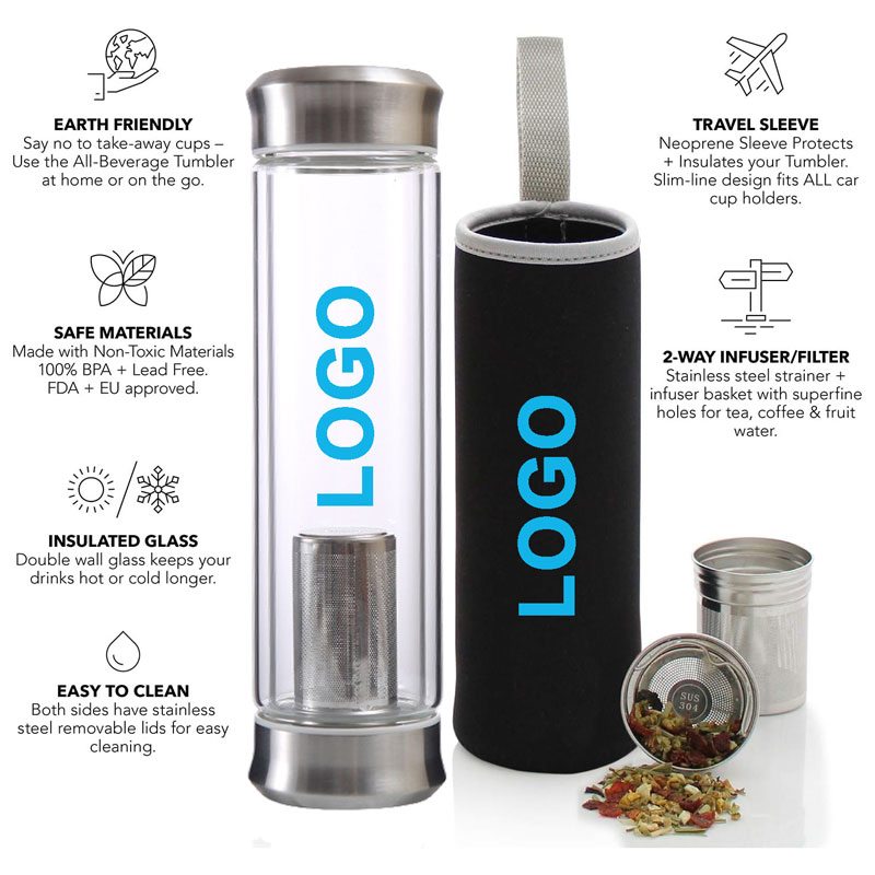 Double Wall Glass Travel Mug with Stainless Steel Filter Leakproof Tea Infuser Bottle for Loose Leaf Infusions and Fruit Infused Water - Unique Gift Set