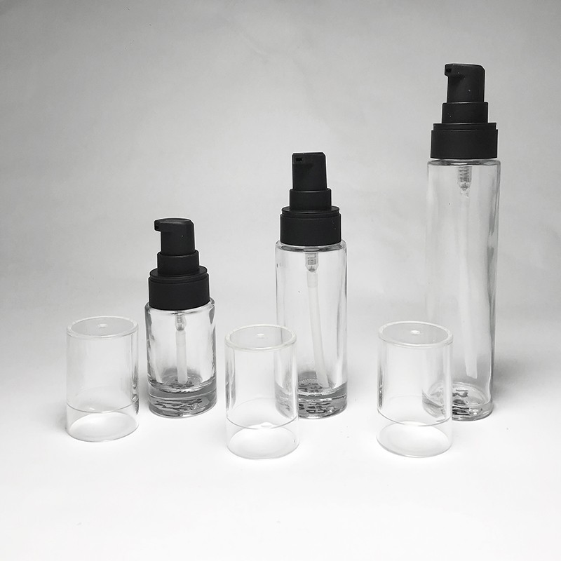 45ml Cylinder Tall Glass Bottle 20/400 Neck Black Lotion Gel Transparent Cap